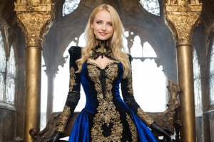 A woman of german descent, beautiful blonde hair, blue eyes, perfect beauty, wearing a beautiful rich mistress neo gothic dress. The luxurious neo gothic dress is intricately embroidered in gold and jewels. She wears gothic latex gloves and gothic boots with gold accesories, smile full of happiness,emo