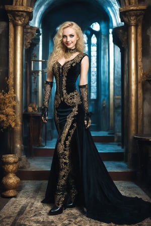 A woman of german descent, beautiful blonde hair, blue eyes, perfect beauty, wearing a beautiful rich mistress neo gothic black dress. The luxurious neo gothic dress is intricately embroidered in gold and jewels. She wears gothic latex gloves and gothic boots with gold accesories, smile full of happiness,emo
