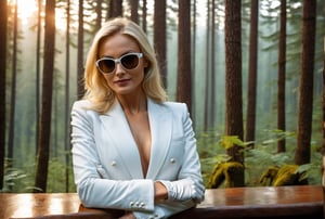 A dominant rich woman of german descent, beautiful blonde hair, perfect eyes, perfect beauty, wearing executive white suit and white gloves and sunglasses. She stands inside a bar in the forest mountains at dawn,  sadistic smile