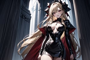 //Character, solo, 1girl, vampire red eyes, long hair, blonde hair, smile, stand
//Fashion, vampiress femdom outfit
//Background, vampire lair
//Quality, (masterpiece), best quality, ultra-high resolution, ultra-high definition, highres, intricate, intricate details, absurdres, highly detailed, finely detailed, ultra-detailed, ultra-high texture quality, natural lighting, natural shadow, dramatic shading, dramatic lighting, vivid colour, perfect anatomy, 
//Others,photo r3al,Esdeath