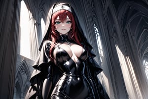 //Character, solo, 1girl, green eyes, long hair, red hair, smile, standing
//Fashion, latex nun femdom outfit
//Background, old gothic church
//Quality, (masterpiece), best quality, ultra-high resolution, ultra-high definition, highres, intricate, intricate details, absurdres, highly detailed, finely detailed, ultra-detailed, ultra-high texture quality, natural lighting, natural shadow, dramatic shading, dramatic lighting, vivid colour, perfect anatomy, 
//Others,photo r3al,Esdeath