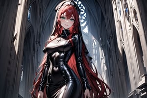 //Character, solo, 1girl, green eyes, long hair, red hair, smile, standing
//Fashion, latex nun femdom outfit
//Background, old gothic church
//Quality, (masterpiece), best quality, ultra-high resolution, ultra-high definition, highres, intricate, intricate details, absurdres, highly detailed, finely detailed, ultra-detailed, ultra-high texture quality, natural lighting, natural shadow, dramatic shading, dramatic lighting, vivid colour, perfect anatomy, 
//Others,photo r3al,Esdeath