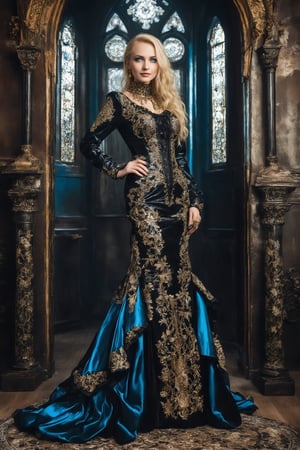 A woman of german descent, beautiful blonde hair, blue eyes, perfect beauty, wearing a beautiful rich mistress neo gothic dress. The luxurious formal neo gothic dress is intricately embroidered in gold and jewels. She wears gothic latex gloves and gothic boots with gold accesories, smile full of happiness,emo