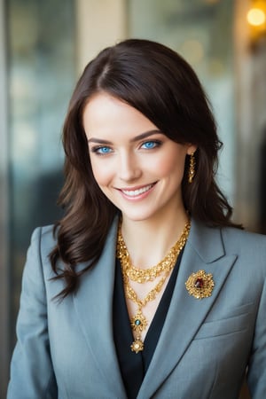 A woman of german descent, beautiful brunette hair, blue eyes, perfect beauty, wearing a beautiful business woman suit. The wears a lot of jewlry of gold and precious gems. smile full of happiness,emo