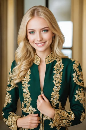 A woman of german descent, beautiful blonde hair, green eyes, perfect beauty, wearing a beautiful executive suit. The dress is intricately embroidered in gold and jewels. smile full of happiness,emo