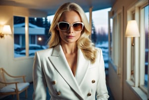 A dominant rich woman of german descent, beautiful blonde hair, perfect eyes, perfect beauty, wearing executive white suit and white gloves and sunglasses. She stands inside winter motel at dawn,  sadistic smile