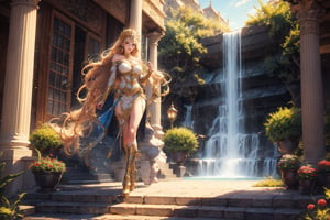 (Fullbody), In the garden of the heavenly kingdom of valhalla, a radiant female goddess blonde woman looks like Emilie de Ravin stands tall in her gorgeous high heeled boots. Her golden hair cascades like a waterfall down her shoulders, She is wearing a white golden armor-clad, she is a beacon of strength, wisdom and grace. This stunning portrait captures her determined blue eyes, eternally vigilant against the encroaching darkness. Each brushstroke depicts her noble features with an ethereal glow, transforming the image into a masterpiece of mythical beauty.