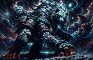 Here's a text description for an AI art generator:

"Create an intense digital artwork depicting a massive bear charging directly at the viewer.

Key elements:

- A large, ferocious bear (e.g. grizzly or polar) in mid-charge, with fur fluffed up and eyes blazing
- The bear's body is covered in glowing green runes, pulsing with an otherworldly energy
- The runes are intricate and seem to shift and move like vines or tendrils
- The background is dark and blurred, with hints of forest or mountainous terrain
- The bear's fur and muscles are detailed and textured, with a sense of power and motion
- The overall mood is fierce, dynamic, and slightly mystical

Style:

- Fantasy/Mythology
- Dynamic, high-energy composition
- Vibrant, glowing colors (especially the green runes)
- Detailed textures and fur"
