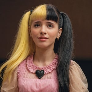 A woman with a pink dress details, long-hair, mullet hair,in the drama club,split-color hair yellow & black,puppet set,heart of k12
Happy face, realistic. 