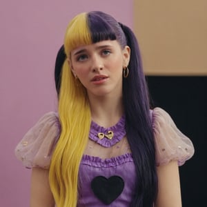 A woman with a  purple dress details, long-hair, mullet hair,in the drama club,split-color hair yellow & black,puppet set,heart of k12
Happy face, realistic,4k.