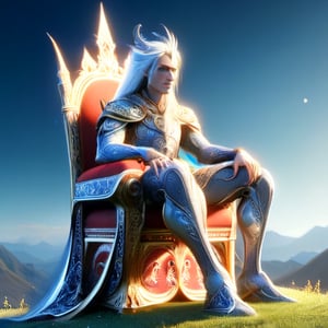 A majestic king sits atop a throne, his crown gleaming in warm golden light. He wears regal attire, with intricate embroidery and precious jewels. His strong jawline is set in determination as he gazes out at a grand kingdom landscape, where rolling hills meet the distant blue skies.,ghostrider,dragon,stworki,moonster,DonMRun3Bl4d3,leviathandef,shodanSS_soul3142,disney pixar style,island,DonM3lv3nM4g1cXL