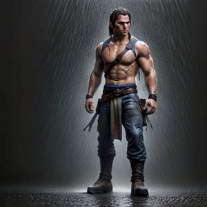 solo, simple background, white background, full body, shadow, what,3dcharacter,DonM3l3m3nt4l, Full body of a Man standing in the rain, muscular sweat lara croft, ,APEX colourful ,DonMD34thKn1gh7XL