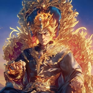 A majestic king sits atop a throne, his crown gleaming in warm golden light. He wears regal attire, with intricate embroidery and precious jewels. His strong jawline is set in determination as he gazes out at a grand kingdom landscape, where rolling hills meet the distant blue skies.,ghostrider