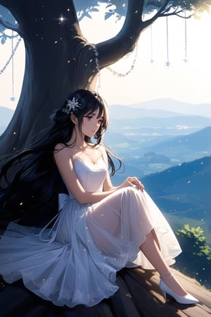 Lovely cute young attractive Thai girl, 17 years old, cute model, long black_hair, black hair, wearing a party dress, lace up dress, white dress, sitting outside under Big Tree, high hills, Light particles and spark