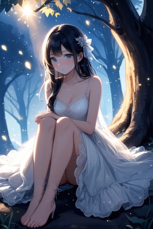 Lovely cute young attractive Thai girl, 17 years old, cute model, long black_hair, black hair, blue eye , wearing a party dress, lace up dress, white dress, fell sad, sitting outside under Big Tree, high hills, Light particles and spark