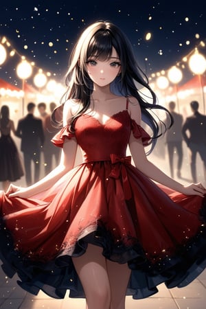 Lovely cute young attractive Thai girl, 17 years old, cute model, long black_hair, black hair, wearing a party dress, lace up dress, red dress, high hills, Light particles and spark