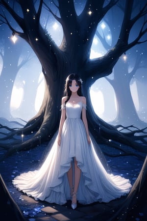 Lovely cute young attractive Thai girl, 17 years old, cute model, long black_hair, black hair, blue eye , wearing a party dress, lace up dress, white dress, Sad emotion, Standing under Big Tree, high hills, Light particles and spark