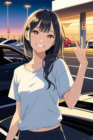 1girl, t-shirt, smile, navel ,relax, rising hand, car park,8 pm,idriff,Asian