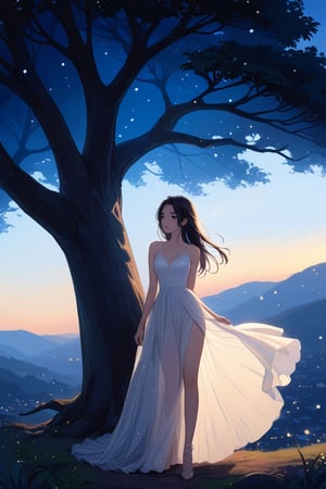 Lovely cute young attractive Thai girl, 17 years old, cute model, long black_hair, black hair, blue eye , wearing a party dress, lace up dress, white dress, relaxing, Standing outside under Big Tree, high hills, Light particles and spark