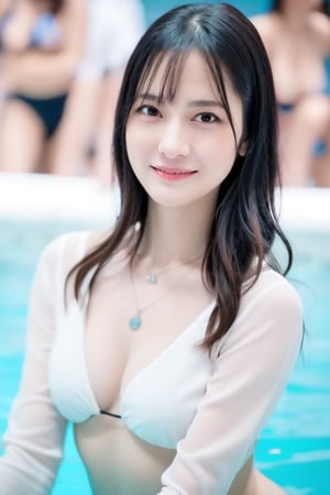 1girl, solo, long hair, looking at viewer,bikini , black hair, long sleeves, jewelry, closed mouth, white shirt, upper body, necklace, mole, blurry, black eyes, lips, mole under eye, depth of field, realistic, reaching towards viewer,girl,bikini,swimming,hands,Color Booster,portrait