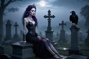 A moody, misty twilight descends upon a forgotten cemetery, where a ravishing gothic fairy temptress stands atop a weathered gravestone. Her porcelain skin glows like moonlight as she gazes up at the darkening sky, her raven tresses cascading down her back like a waterfall of night. A sly smile curves her lips, hinting at the mischief brewing behind those gemstone eyes. With an ethereal allure, she beckons us closer, her very presence seeming to draw the shadows themselves towards her.