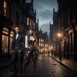 A dark, misty night in Victorian London's streets, the gas lamps casting eerie shadows on the cobblestones. A gothic vampire, clad in black finery, stands tall beside his steampunk thrall. Both warriors are poised for combat, their eyes fixed intently on some unseen foe.