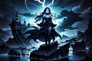 A banshee perches precariously on a windswept rock, her long, ethereal hair whipping wildly in the gusts as she wails with mournful intensity. The stormy evening sky behind her is a deep, foreboding indigo, with flashes of lightning illuminating the dark clouds. She gazes out, her eyes blazing with an otherworldly energy as she summons the potent of death.,DonM0m3g4,shodanSS_soul3142,yunjindef