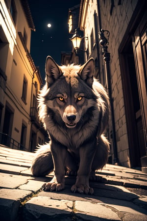 A close-up shot of a fierce female werewolf in transformation
, her eyes glowing golden in the moonlit night, as she crouches low to the ground, her claws extended and ready to strike. The camera frames her from above, capturing the anamorphic distortion that warps the medieval town's architecture behind her. Soft lighting illuminates her fur, while the dark shadows of the buildings create a sense of foreboding.,portrait