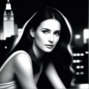 Demi Moore in her iconic 1980s film 'Ghost' era. A hauntingly beautiful black and white portrait of  She sits elegantly, with a subtle smile, against a dimly lit cityscape at dusk. The contrast between her porcelain skin and the dark background creates a sense of mystery, as if she's about to vanish into thin air. Soft lighting accentuates her features, drawing attention to her piercing eyes. The framing captures a moment of quiet contemplation, as if Demi is lost in thought.,RussellJames,<lora:659095807385103906:1.0>