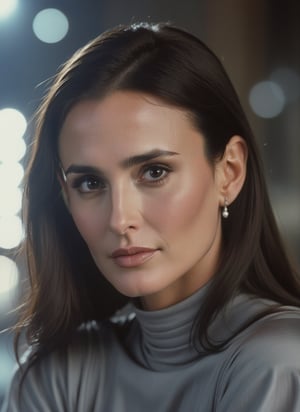 Demi Moore in her iconic 1980s film 'Ghost' era. A hauntingly beautiful black and white portrait of  She sits elegantly, with a subtle smile, against a dimly lit cityscape at dusk. The contrast between her porcelain skin and the dark background creates a sense of mystery, as if she's about to vanish into thin air. Soft lighting accentuates her features, drawing attention to her piercing eyes. The framing captures a moment of quiet contemplation, as if Demi is lost in thought.,RussellJames