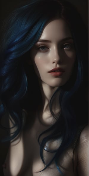 A stunning portrait of a ravishing woman with vibrant electric blue hair cascading down her back like a celestial waterfall. Soft focus on her radiant face, highlighting porcelain skin and full lips painted red. Framed by a delicate golden crown, she sits regally against a subtle gradient background, evoking an otherworldly essence.