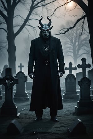 A hauntingly lit shot of Satan, his piercing red eyes glowing amidst the darkness of a desolate graveyard. He stands tall, his horns and tail illuminated by an otherworldly mist that shrouds the crumbling tombstones. The wind whispers eerie whispers as he surveys his domain, his twisted grin a chilling reminder of evil's presence.