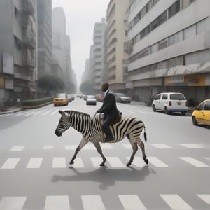 A surreal scene unfolds as a man astride a zebra navigates the urban landscape, effortlessly traversing the street while utilizing a zebra crossing, an ironic juxtaposition of nature and cityscape. The zebra's black and white stripes stand out against the gray concrete, with the rider's confident posture and the animal's steady gait creating a sense of harmony amidst the chaos.,better photography