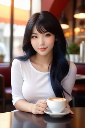 Ultra-realistic image of a stunning lady sitting in a trendy cafe, with a warm and bright background that subtly highlights the vibrant atmosphere. The subject's porcelain-like skin glows under the soft lighting, as she smizes directly into the camera lens. Her raven tresses cascade down her shoulders like a waterfall, framing her angular features.

She poses confidently, coffee cup in hand, exuding an air of sophistication and charm that is sure to captivate young stars aged 12-20. Her tight-fitting pants and crisp white T-shirt accentuate her toned physique, drawing the viewer's gaze with an undeniable allure.