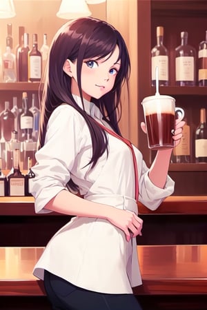 a young lady possing at the bar holding a cuuuuup of coffee ,anime
