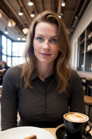  ultra realistics  image on hot lady sittig in the cafe with slightly warm and bright background and behind the background teh people are having atalk with each other and the lady should have the real human glass skin and simling on to the camera 

siting in a position like an infulencer and having the coffee in her hand 