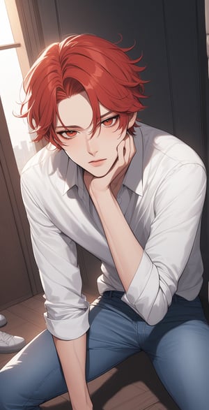 (masterpiece), ultra detailed,

1guy, webtoon
red hair, white shirt, jeans, looking_at_viewer 