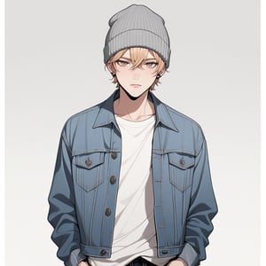 masterpiece, best quality, aesthetic, white background

webtoon, 1guy
Liam has short, blond hair and gray eyes. He wears a beanie, a denim jacket, black jeans,