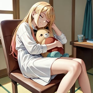 score_9, score_8_up, score_7_up, score_6_up, rating_safe, source_anime, sole_female, 1girl, sono_bisque_doll_wa_koi_wo_suru, kitagawa_marin, blonde hair, closed eyes, asleep, sitting on chair, smiling