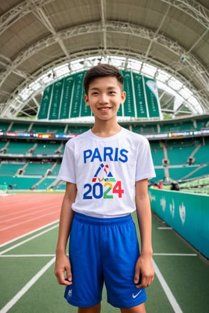 Against a vibrant green stadium backdrop, a young Asian boy stands proudly, donning a white t-shirt emblazoned with the words 'PARIS 2024' and blue sports shorts. His small smile hints at a mix of excitement and determination as he gazes straight into the camera lens. Framed by the archways and lights of the stadium, his figure is set against a brilliant blue sky, capturing the essence of youthful enthusiasm and athletic spirit.