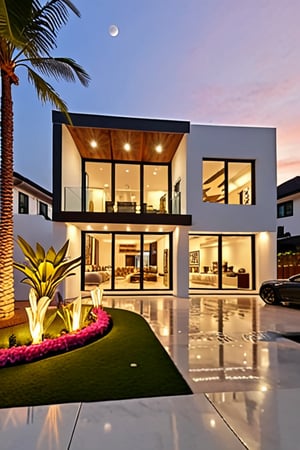 (best quality, masterpiece, high_resolution:1.5),Ultra-realistic 8k, hd image quality, sharp detail, 2-story modern house, main materials white walls, wooden ceiling accents, large glass windows, roads, cars, sidewalks, American Palm trees high, has a small alley, located in a residential area, modern style, shimmering sky, sunset light, feels peaceful, beautiful, close and warm, ((Warm light from indoor:1.3)), (daylight:1.2), perfect lighting,dynamic light,2 large glass doors,((1 large glass window:1.3)), (night light), (colorful flowers in front of the house). Night light from lamps and moon.,Thai style roof,Wonder of Art and Beauty,Chinese Style,Korean Style,garden,housearch_Industrial,interior,archminimalist,md,Vintage design,luxurious livingroom,minimalist living room,Indoor Grey,modernvilla,Indian Style,Interior 