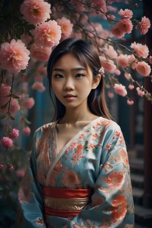 A photo of a beautiful Asian girl, floral motifs, magical, aesthetic 