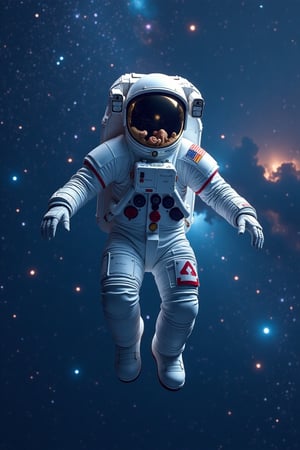 Astronaut floating effortlessly, distant galaxies as backdrop, cosmic expanse, soft ethereal lighting, serene expression, hands outstretched, space helmet reflecting stars, composition centered, deep blue and purple hues, intricate nebula details, wide-angle shot, otherworldly atmosphere.