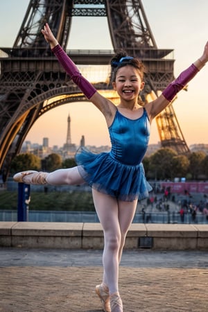 A young Asian ballerina girl stands triumphantly against the iconic Eiffel Tower backdrop, her delicate features illuminated by the golden hour sun. She wears a flowing ballerina dress emblazoned with 'PARIS 2024' and bold blue sports shorts, exuding confidence and athleticism. The stadium audience cheers and chants, their faces aglow with excitement.