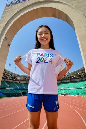 Against a vibrant green stadium backdrop, a young Asian GIRL stands proudly, donning a white t-shirt emblazoned with the words 'PARIS 2024' and blue sports shorts. His small smile hints at a mix of excitement and determination as he gazes straight into the camera lens. Framed by the archways and lights of the stadium, his figure is set against a brilliant blue sky, capturing the essence of youthful enthusiasm and athletic spirit.