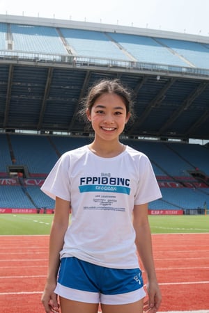 Against a vibrant green stadium backdrop, a young Asian ballet GIRL stands proudly, donning a white t-shirt emblazoned with the words 'PARIS 2024' and blue sports shorts. His small smile hints at a mix of excitement and determination as he gazes straight into the camera lens. Framed by the archways and lights of the stadium, his figure is set against a brilliant blue sky, capturing the essence of youthful enthusiasm and athletic spirit.