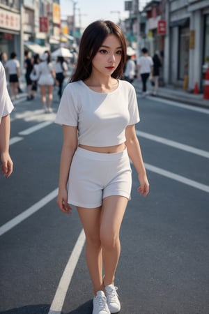 1girl,age 30, solo,Walking on the streets of Huqiu on the mainland,Wearing a white short top and blouse,White cloth shoes walking leisurely on the street,White cloth shoes walking leisurely on the street