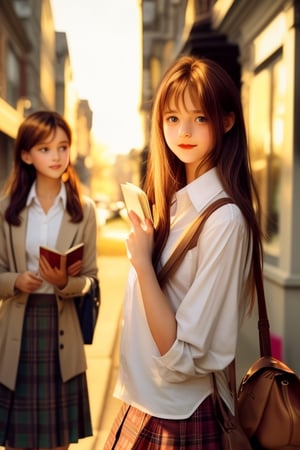 long hair, looking at viewer, smile, multiple girls, skirt, brown hair, shirt, long sleeves, holding, 2girls, white shirt, solo focus, collared shirt, bag, blurry, lips, book, plaid, plaid skirt, holding book, shoulder bag, realistic