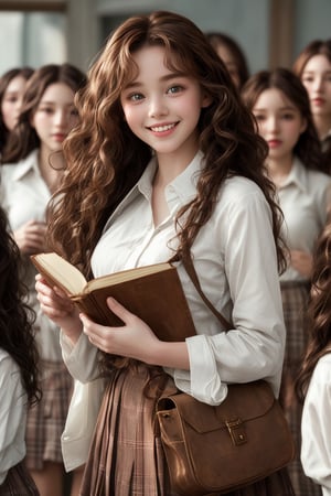 A close-up shot of a girl with long, curly brown hair and a warm smile, directly addressing the viewer. She's wearing a crisp white collared shirt under a plaid skirt, and her long sleeves are rolled up to reveal a glimpse of her hands. In one hand, she holds an open book, and in the other, a shoulder bag slouches casually. The background is slightly blurry, with multiple girls visible beyond her, all wearing similar outfits of skirts, shirts, and bags. Her lips take center stage, inviting the viewer to share in her joy.