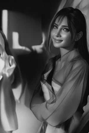 pencil sketch, black and white, close-up, highly detailed, a extremly beautiful woman, 30 years old, dark hair, a determined look, looking straight into the camera, naughty smile, beauty through simplicity 


perfecteyes, Hair over eyes,JeeSoo 